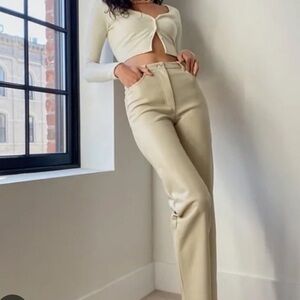 Wilfred Melina Light Beige Cropped Highrise Straight Leg Faux Leather Pants 0